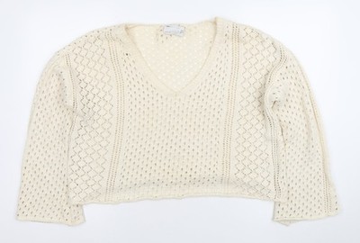 ASOS DESIGN Damenpullover elfenbeinfarben offener Strick V-Ausschnitt Baumwolle Größe 10