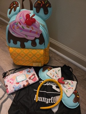 NEW! Disney Loungefly Sundae Mini Backpack &Ears, Sweets Wallet! Set of 3