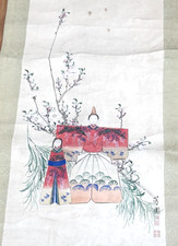 Antique Japanese Ink Painting on Silk-Hina Dolls 85cm x 38cms
