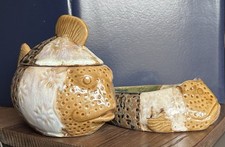 Pier 1 Patchwork Puffer Fish Hand Painted Ceramic Bathroom Decor