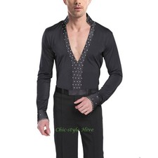 Men Latin Tango Salsa Dance Shirt Ice Skating Leotard Tops Ballroom Dancewear