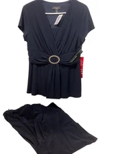 R&M RICHARDS navy blue 2 pc V neck rhinestone buckle pant suit WOMEN 12P NWT