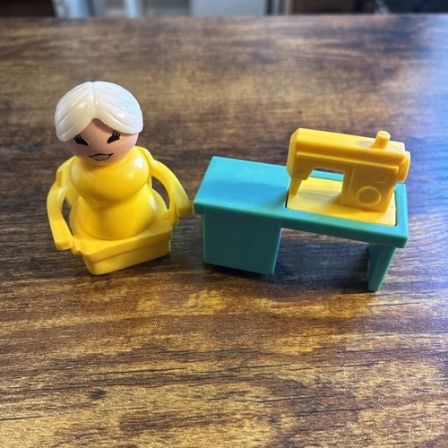 Vintage Fisher Price Little People Grandma With Her Sewing Machine And Chair