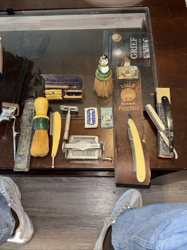 Vtg Shaving Barber Straight Razors, Brushes Eagle Strop, Clipper Lot 13 pieces