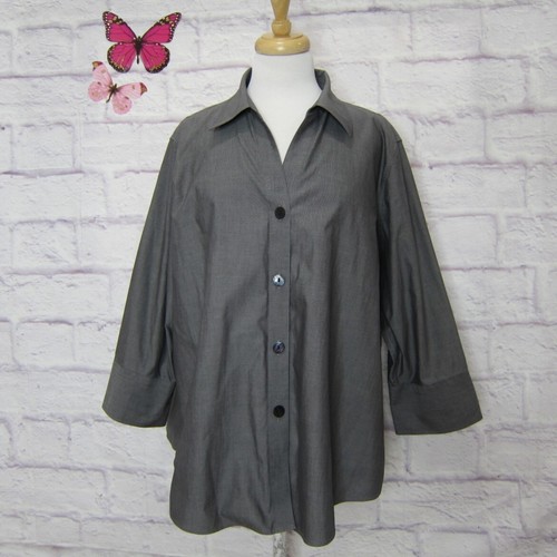 Foxcroft Non-Iron Shaped Fit Gray Button Down Shirt 3/4 Sleeve Size 18W