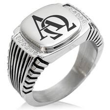 Stainless Steel Steel Alpha  Omega Symbol Striped CZ Biker Style Signet Ring