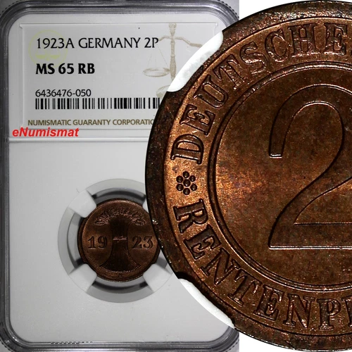 Germany - Weimar Republic 1923 A  2 Rentenpfennig NGC MS65 RB TOP GRADE KM#31(0)