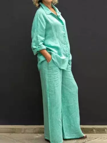 Damen Baumwolle Leinen Anzug Hemd Lockere Hose Set Langarm Freizeit Sets Sommer - Bild 7 von 32