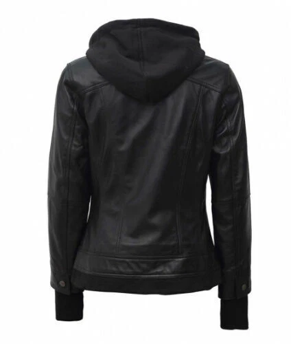 New Women Black Bomber Motorcycle Winter Jacket With Fleece Removable Hood - Изображение 2 из 4