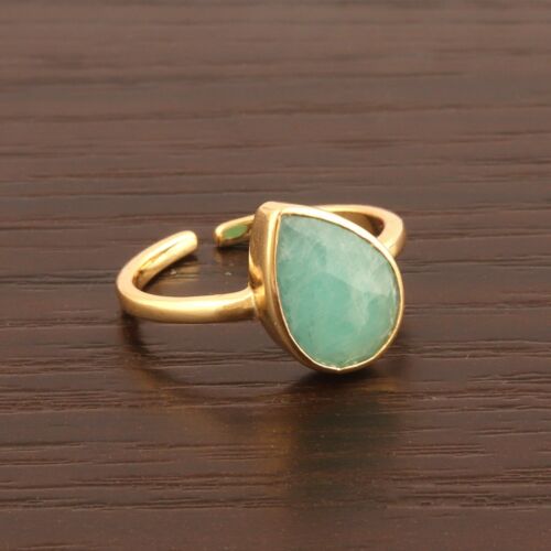 Green Amazonite Yellow Gold Plated  Adjustable Ring Casual Wear Jewelry For Her - Picture 1 of 3