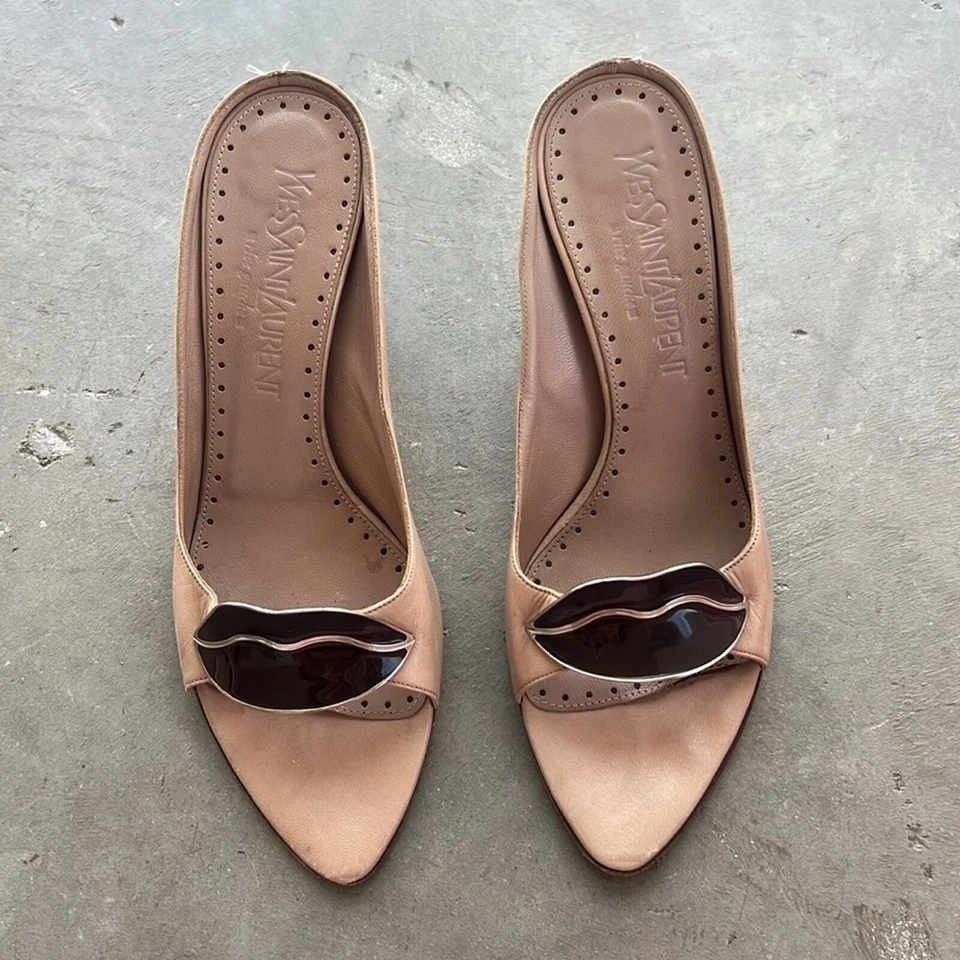 Raro Tom Ford para Saint Laurent Beige y Marrón Dalí Labios Mules Tacones Talla 37 Foto 2 de 4