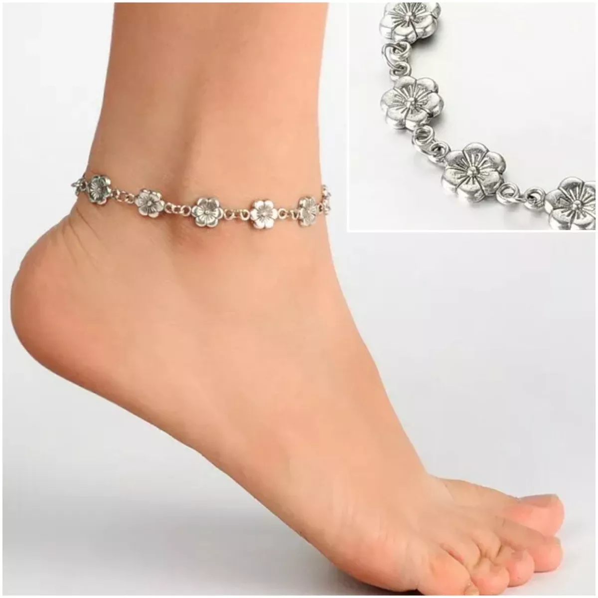 Flower Anklet Ankle Bracelet Silver Daisy Jewellery Holiday Beach Barefoot  Gift