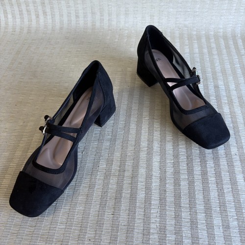 Zara Womens Mary Jane Block Heel Flats Black Suede Sheer Double Strap EU 35 US 5 - Picture 7 of 20