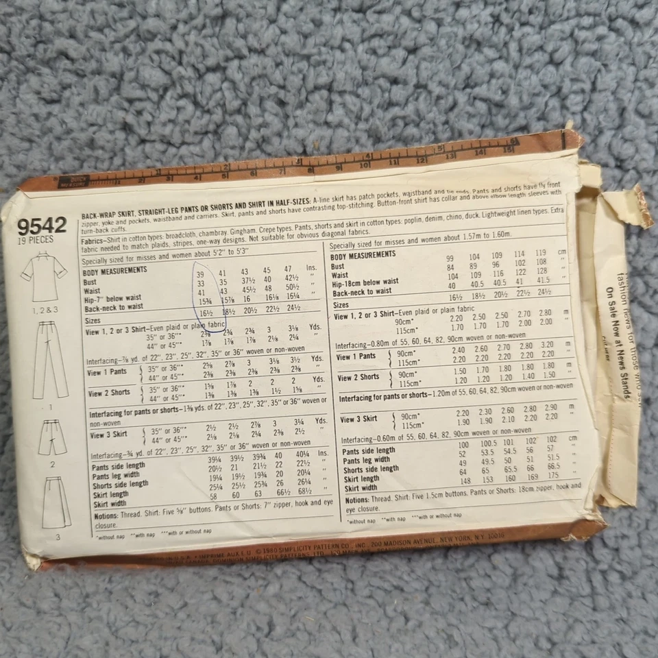 Simplicity 9542 Back-Wrap Skirt Pants Shorts Shirt Pattern Sz 16 1/2 - Image 2 of 4