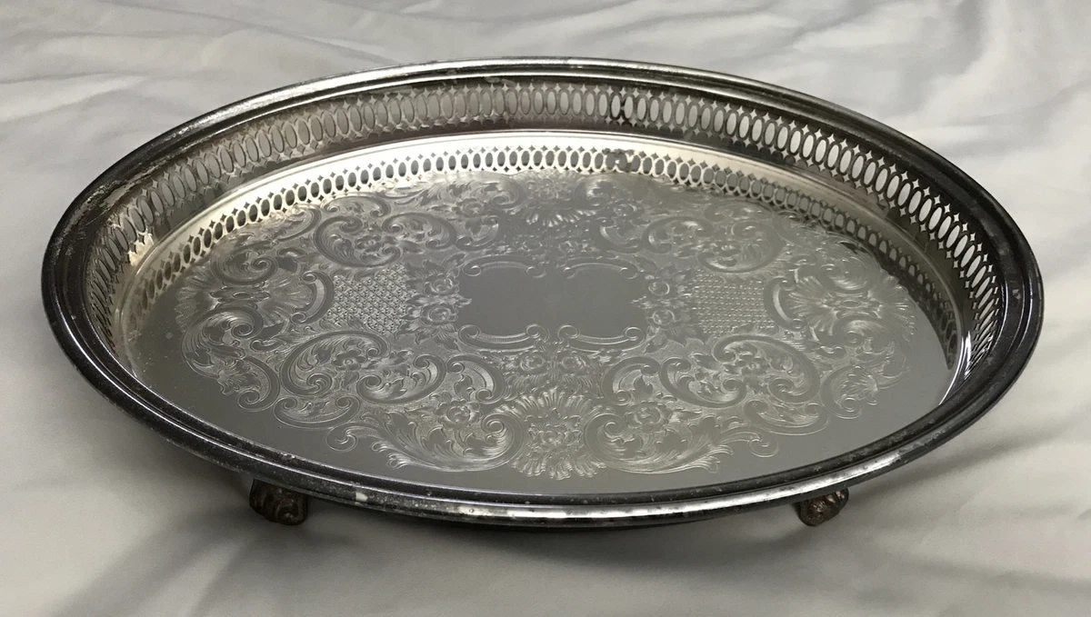 Leonard Silver Plate Etched Tray Claw Footed Pierced Sides Large Oval  14”x10”