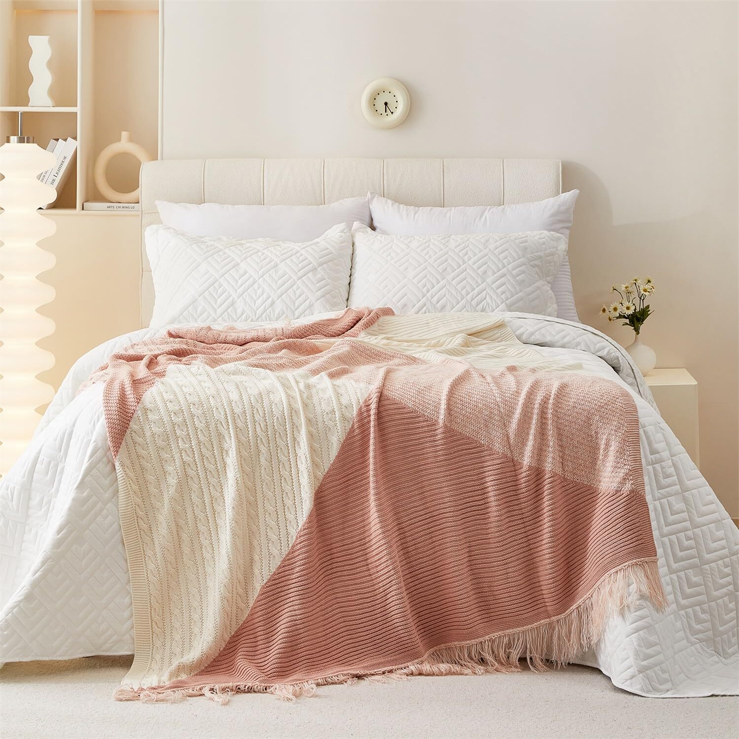 Knit Throw Blanket for Cough and Bed Pink &White with Tassel Plaid Knitted