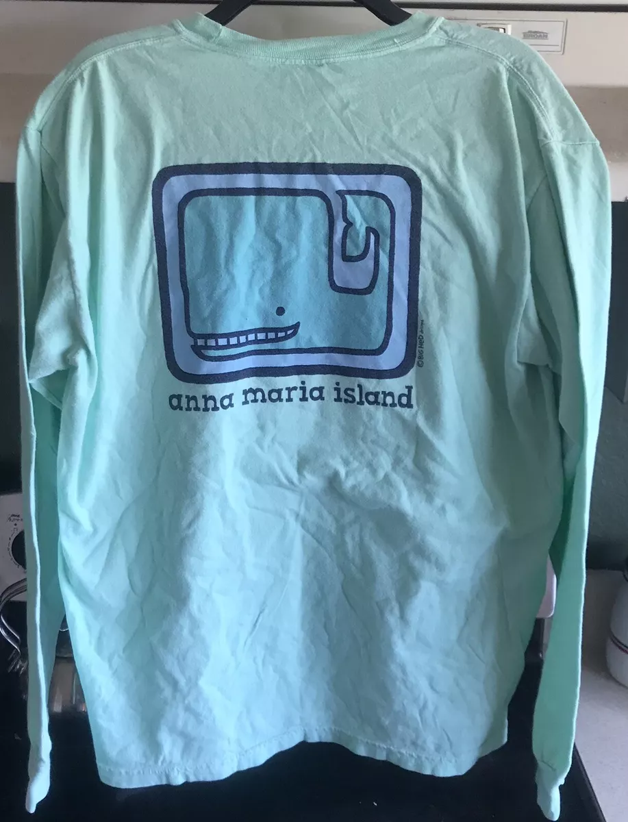 Vintage Anna Maria Island Whale Green Long Sleeve Cotton T Shirt Size M 22