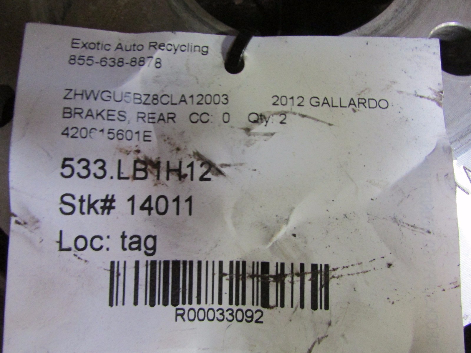 Lamborghini Gallardo, Rear Brake Rotor, Steel Disc, Used, P/N 420615601E