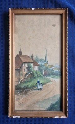 Signiertes Aquarell Gemälde von J Higgs - ruhige Dorfszene - gerahmt von C Levy
