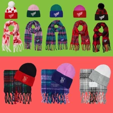 VICTORIA'S SECRET Color block Beanie Hat &Cozy Plaid Scarf 2-pc Set Choose Color