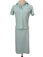 Vtg 70s Leslie Fay Petite Knit Skirt Set Aqua Blue Polo Top Pencil Skirt Sz S