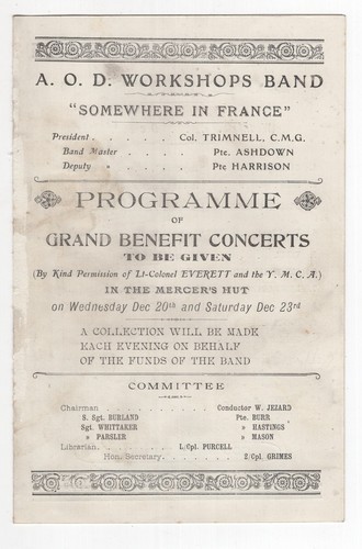 AOD Workshops Band, Somewhere in France, Concert Party Programme 1916