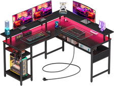  Escritorio Gaming Forma L con LED y Enchufes Mesa Gaming con Soporte para Monitor