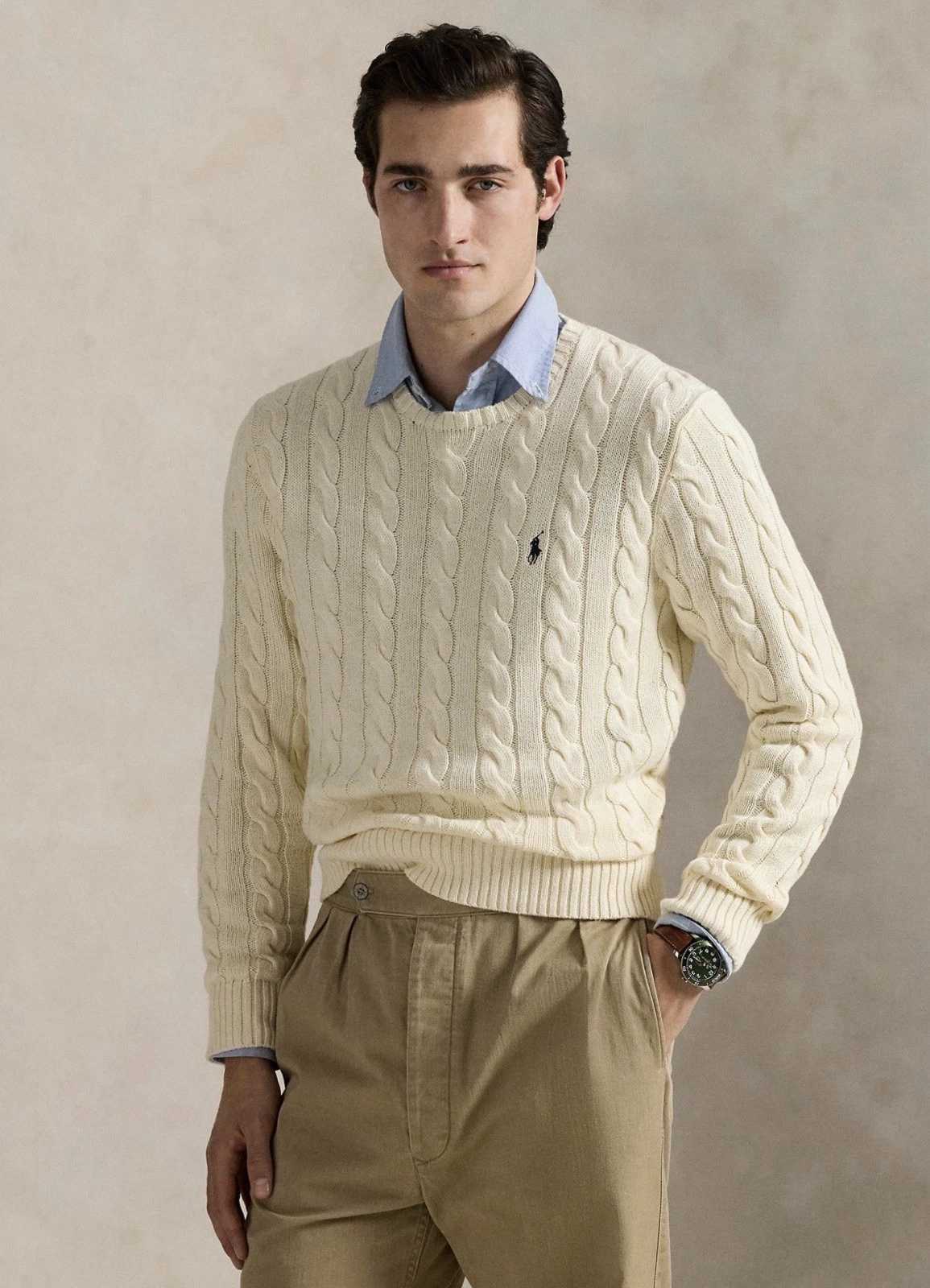 Polo Ralph Lauren Men's Cable Knit Wool Cashmere Crewneck Sweater Cream L