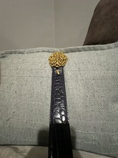 Carlisle Navy Croco-Embossed Leather Belt with Large Gold-Tone Woven Knot Buckle
