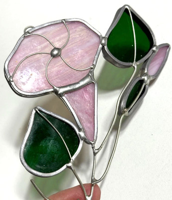 Vintaqe Stained Glass Pink and Green Morning Glory Sun Catcher 5'' x 3 3/4''