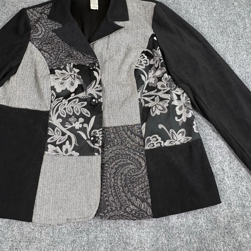 VTG Y2K Notations Patchwork Blazer  1X Black Gray Mixed Print Jacket Boho Artsy  - Image 3 of 4