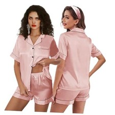 3Pcs Silk Pajamas XS-4XL Womens Satin Pajama Short Floral X-Small Pale Rose-b