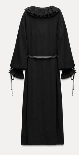 Zara Black Ruffled Long Sleeves Belted Midi Dress Size L RRP £59.99 - Picture 2 of 8