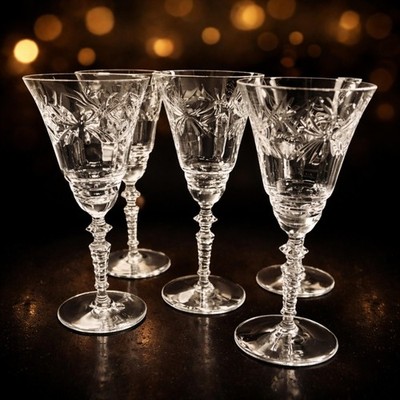 Cut Crystal Wine Glasses Elegant Set Of 5 Vintage Handcrafted Stemware
