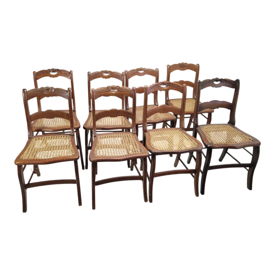 Juego de 8 sillas de comedor antiguas victorianas de arce del siglo XIX asientos de caña tallados a mano Foto 2 de 4