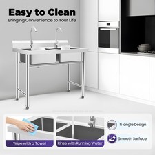 Heavy Duty Stainless Steel 304 Kitchen Commercial Utility Sink Two 2 Compartment