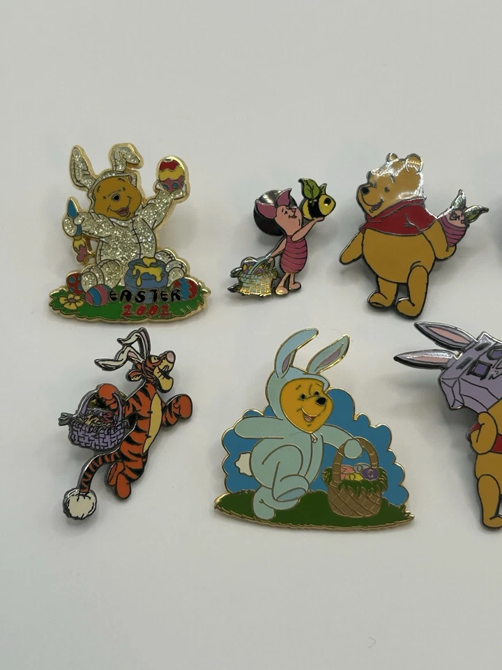 Juego de 8 prendedores Disney Pin Winnie The Pooh Lechón de Pascua Tigger Bunny Cesta Huevos Foto 2 de 4
