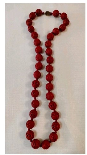 Vintage 67cm Chinese Export Carved Genuine Red Cinnabar 16mm Shou Bead Necklace - Picture 4 of 22