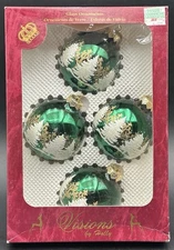 Christmas Glass Ball Ornaments Visions by Holly Set of 4 Green White Gold Trees