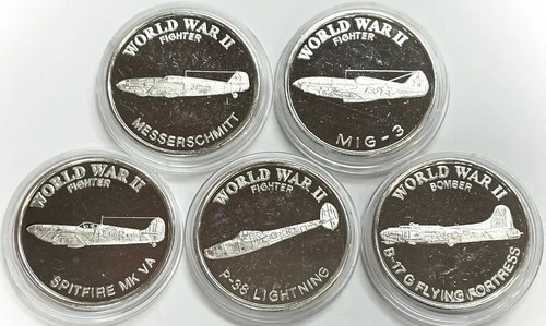 (5) WORLD WAR II AIRPLANES SILVER 1 OZ .999 FINE ROUNDS COLLECTION IN CAPSULES