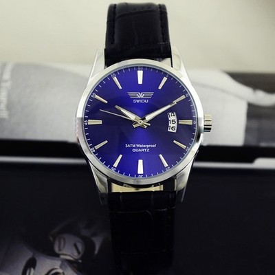 Glas Herrenuhr Leder Business Farben BLAU Quarz WEISS SCHWARZ ELEGANT kn