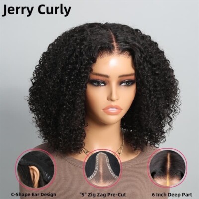 Echthaarperücken UK Damen Full Glueless Wear & Go Wavy Lace Front Short Bob Wig