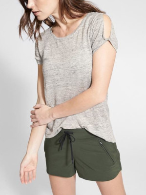 NEW ATHLETA WOMEN'S LIGHT HEATHER GRAY SHORT SLEEVE ZAPHYR LINEN TOP TEE Sz M