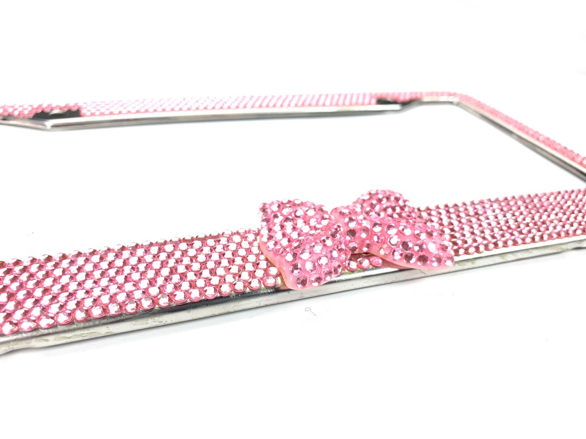 Cornice Portatarga OTOSTAR Con Strass Rosa E Fiocco - 2 Pezzi, Acciaio Inox, Con Viti E Tappi, Per Targhe USA Standard