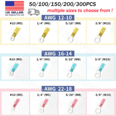 50/200x Heat Shrink Ring Wire Connectors Car Marine for #10 1/4'' 5/16'' 3/8'' Stud