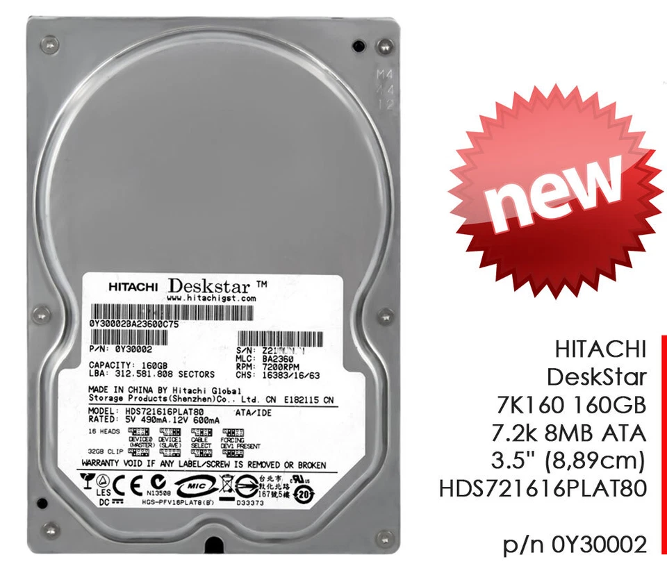 160GB 3.5" 8.89Cm IDE PATA Hard Drive Hitachi 7K160 HDS721616PLAT80 New V682 - Image 3 of 3
