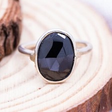 Natural Oval Black Onyx Solitaire Engagement Ring, Minimal Ring 925 Silver Fine