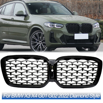 For 2022 2023 BMW X3 X4 G01 G02 Front Kidney Grille Gloss Black Diamond Grill