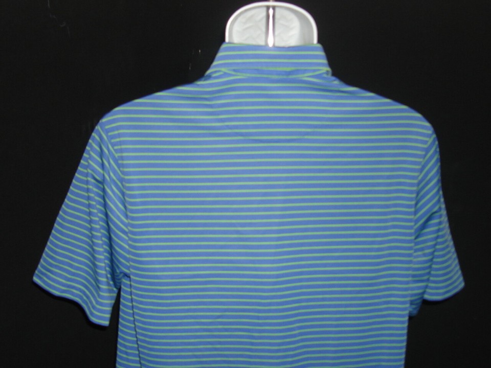 DONALD ROSS BLUE/GREEN STRIPED POLY S/S POLO SHIRT SZ. S "WOODSTONE" G