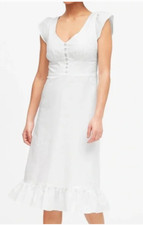 NEW! $120 BANANA REPUBLIC White Ruffle Button Front MIDI DRESS Linen Blend Sz 10